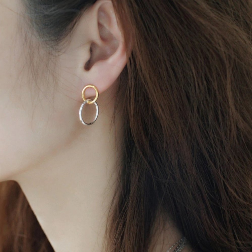 Sterling Silver Two Tone Double Circle Earrings - Picture 8 of 8